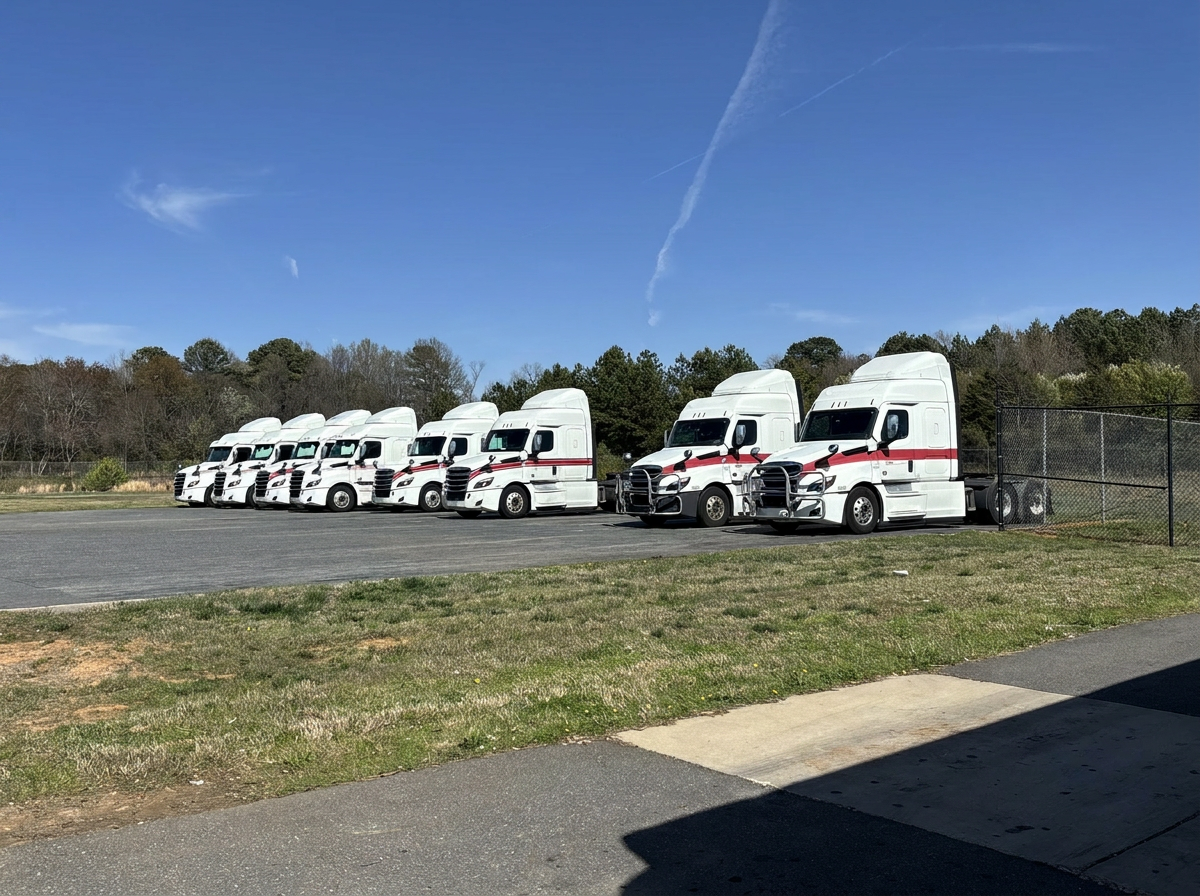 Line of freshly washed commercial fleet trucks parked outdoors