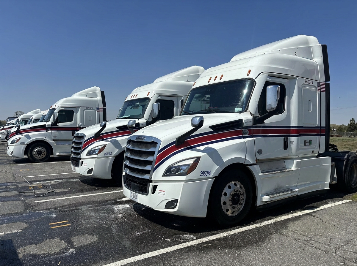 Freshly washed commercial trucks lined up in a parking lot