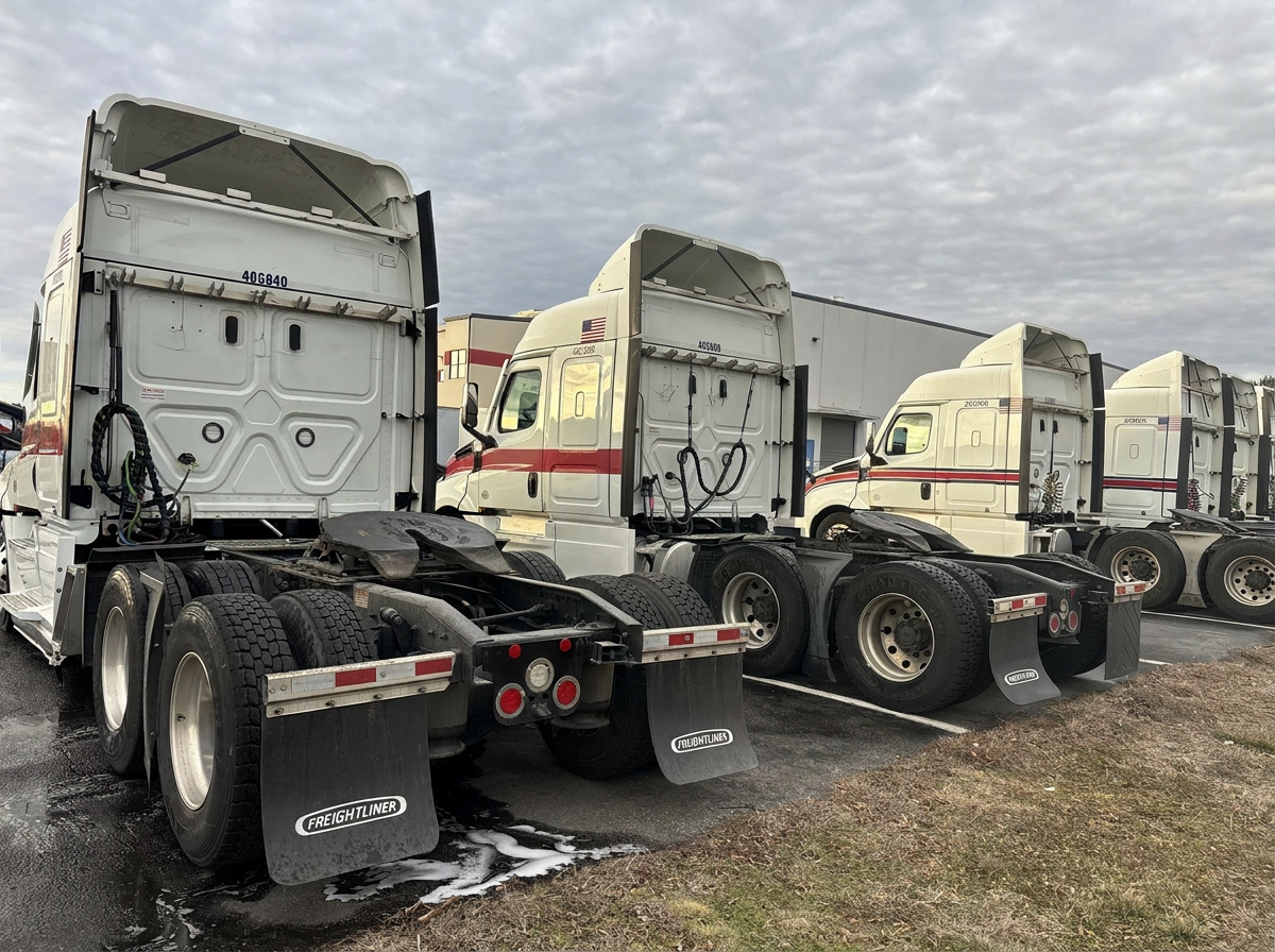 Rear view of multiple washed commercial fleet trucks parked outside