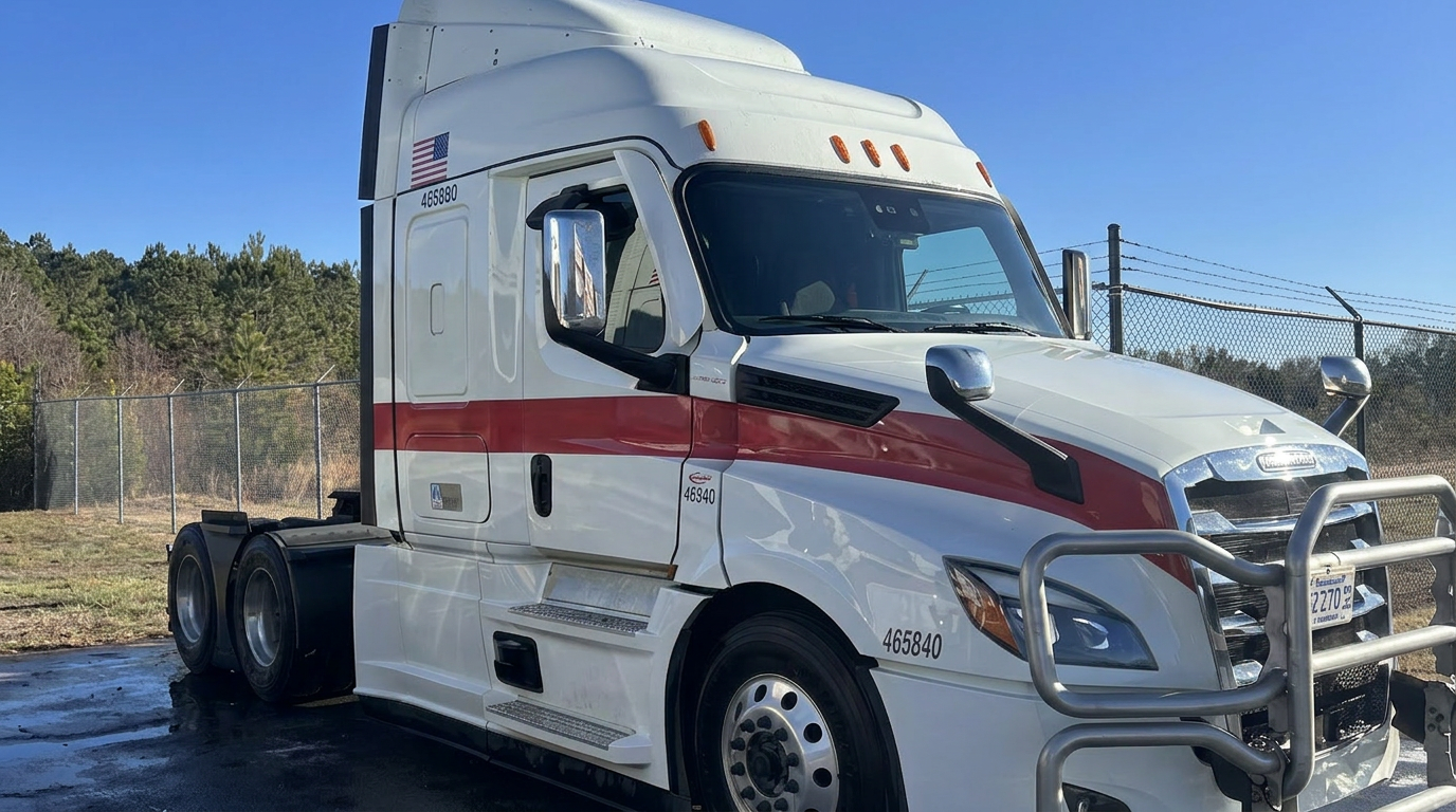 Freshly washed white commercial truck parked after service