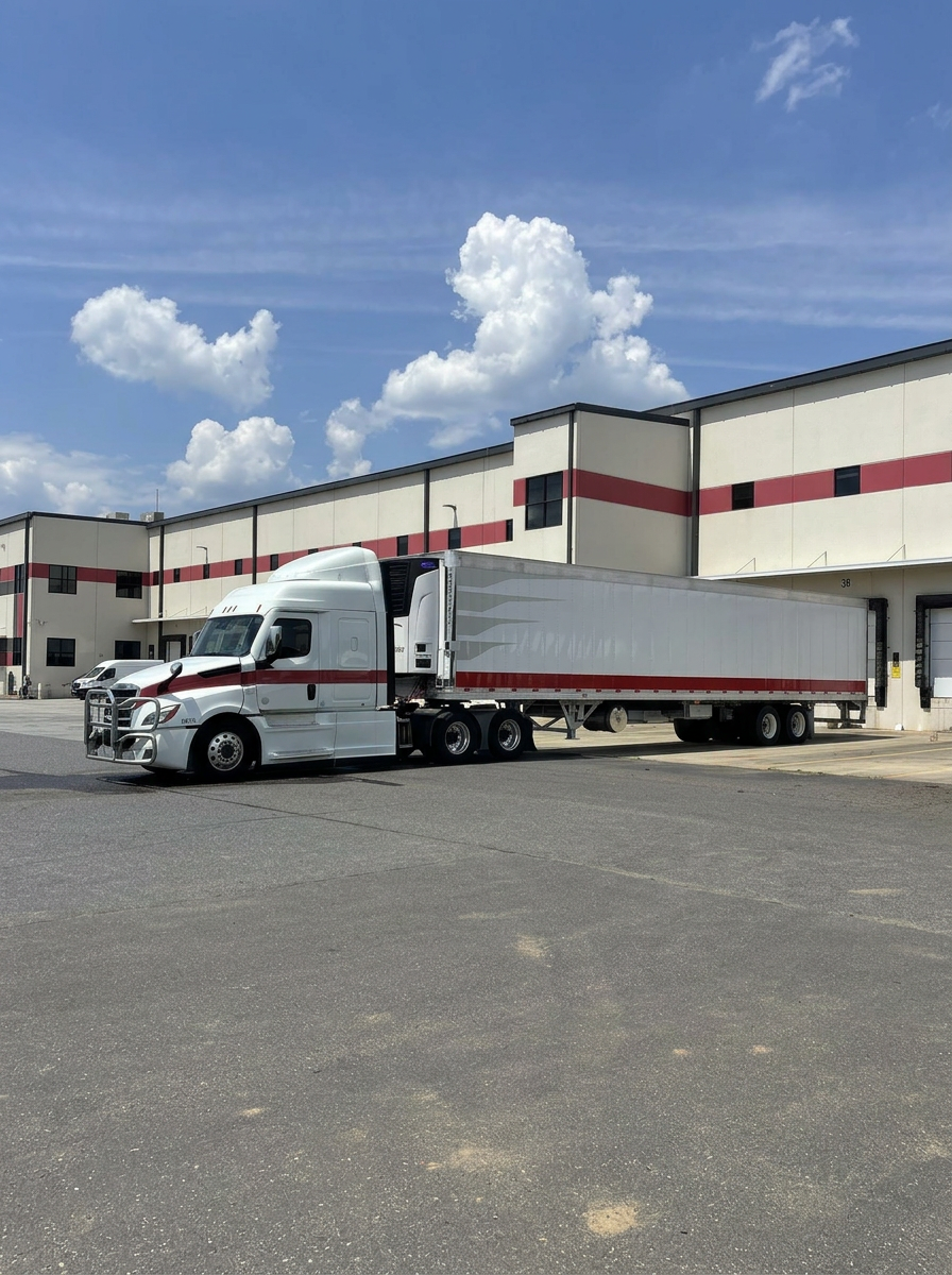 Clean commercial fleet truck parked near an industrial building