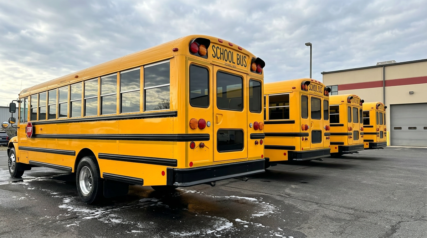 Row of freshly washed yellow school buses at a depot