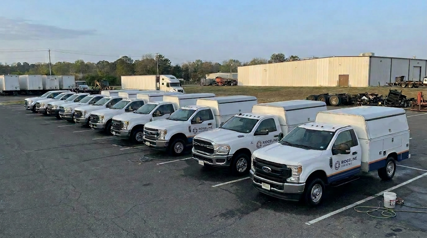 Row of clean white utility service pickup trucks parked at a contractor yard