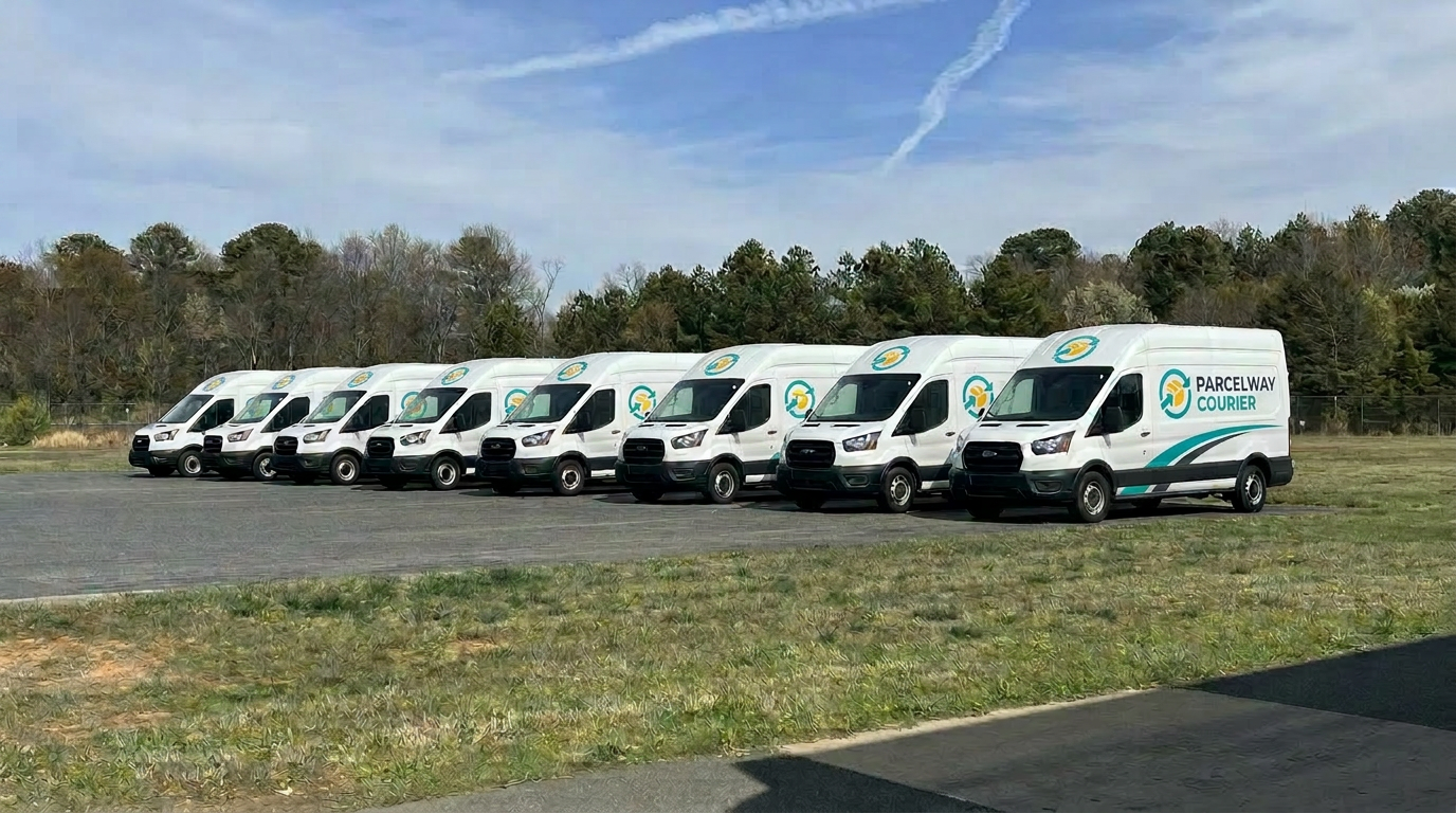 Fleet of freshly washed white delivery cargo vans parked in a row